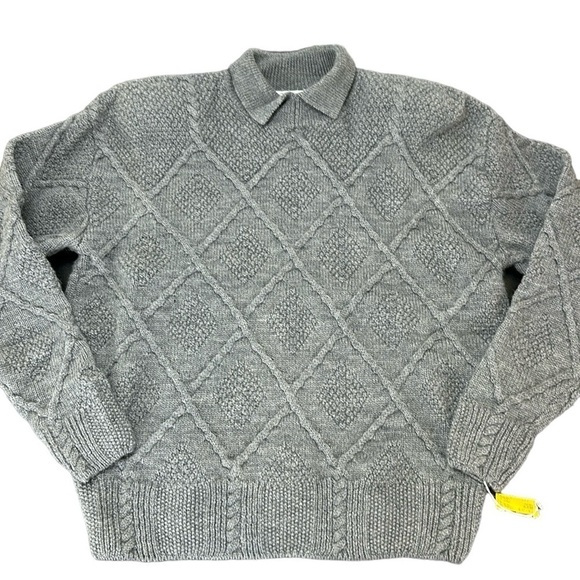 Vintage Gray 100% Pure New Wool Cable Knit Sweater L Fold Over Collar Preppy - Picture 1 of 14